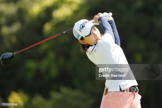 Kana Nagai of Japan hits a tee shot on the first hole during the final round of the CyberAgent Ladies Golf Tournament at Grand fields Country Club on...