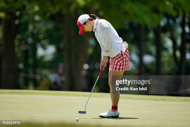 Erika Kikuchi of Japan putts on the 15th green during the final round of the CyberAgent Ladies Golf Tournament at Grand fields Country Club on April...