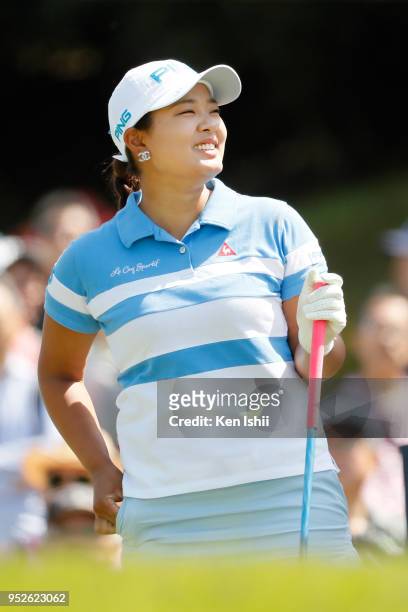 Ai Suzuki of Japan smiles on the first hole during the final round of the CyberAgent Ladies Golf Tournament at Grand fields Country Club on April 29,...