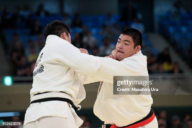 Hisayoshi Harasawa competes against Takeshi Ojitani in the final during the All Japan Judo Championship at the Nippon Budokan on April 29, 2018 in...