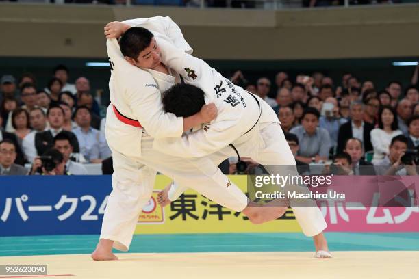 Takeshi Ojitani competes against Hisayoshi Harasawa in the final during the All Japan Judo Championship at the Nippon Budokan on April 29, 2018 in...