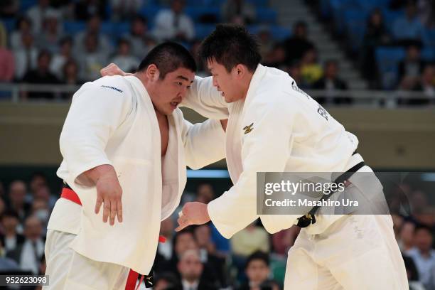 Takeshi Ojitani competes against Hisayoshi Harasawa in the final during the All Japan Judo Championship at the Nippon Budokan on April 29, 2018 in...