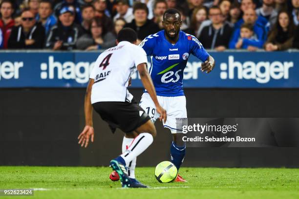 Santos Marlon of OGC Nice and Stephane Bahoken of RC Strasbourg during the Ligue 1 match between Strasbourg and OGC Nice at on April 28, 2018 in...