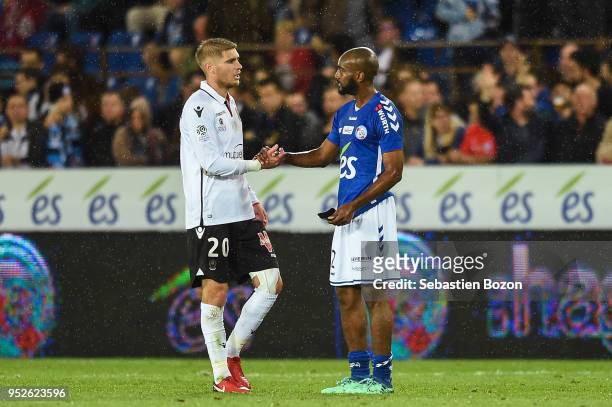 Maxime Le Marchand of OGC Nice and Dimitri Foulquier of RC Strasbourg during the Ligue 1 match between Strasbourg and OGC Nice at on April 28, 2018...