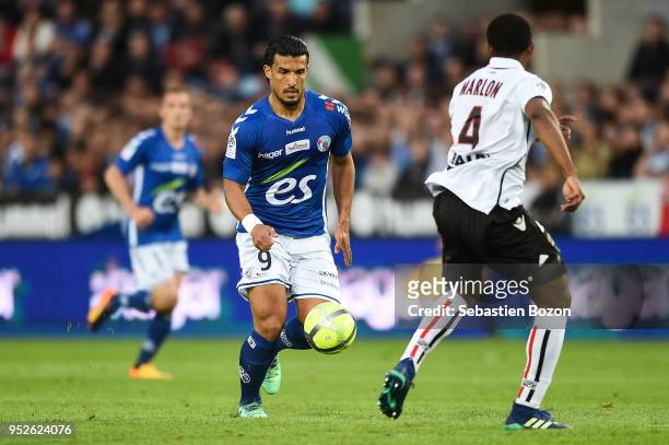 Idriss Saadi of RC Strasbourg and Santos Marlon of OGC Nice during the Ligue 1 match between Strasbourg and OGC Nice at on April 28, 2018 in...