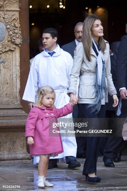 Prince Felipe of Spain, King Juan Carlos of Spain, Queen Sofia of Spain, Princess Letizia of Spain, Princess Sofia and Princess Leonor attend Easter...