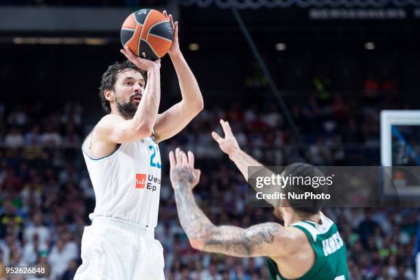 Sergio Llull of Real Madrdi in action against Mike James of Panathinaikos Superfoods Athens during the Turkish Airlines Euroleague Play Offs Game 4...