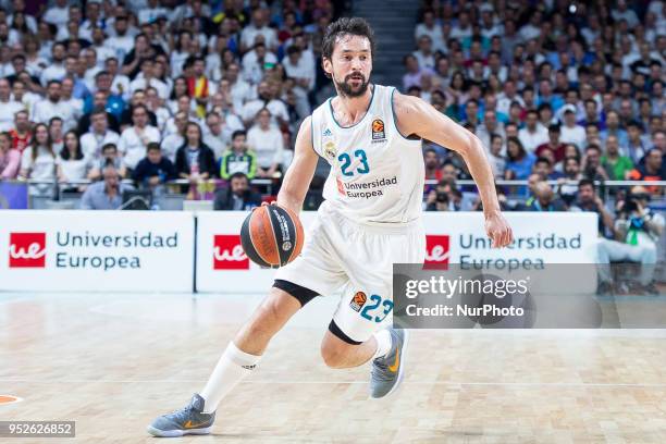 Sergio Llull of Real Madrid in action during the Turkish Airlines Euroleague Play Offs Game 4 between Real Madrid v Panathinaikos Superfoods Athens...