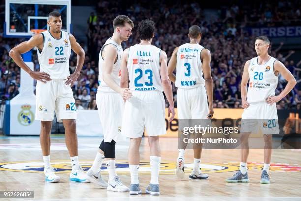 Walter Tavares, Luka Doncic, Sergio Llull, Anthony Randolph, Jaycee Carroll of Real Madrid during the Turkish Airlines Euroleague Play Offs Game 4...