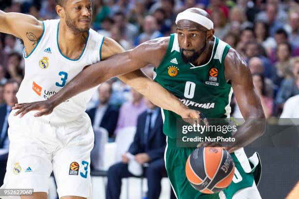 Anthony Randolph, #3 of Real Madrid vies Chris Singleton of Panathinaikos Superfood during the Turkish Airlines Euroleague Play Offs Game 4 between...