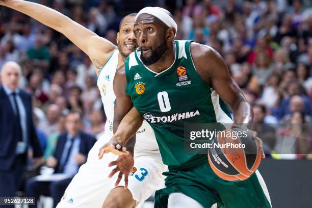 Anthony Randolph, #3 of Real Madrid vies Chris Singleton of Panathinaikos Superfood during the Turkish Airlines Euroleague Play Offs Game 4 between...