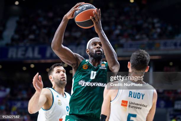 Felipe Reyes, #9 and Rudy Fernandez of Real Madrid vies Chris Singleton of Panathinaikos Superfood in action during the Turkish Airlines Euroleague...