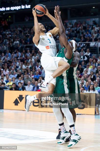 Chris Singleton, #0 of Panathinaikos Superfoods Athens vies Anthony Randolph of Real Madrid during the Turkish Airlines Euroleague Play Offs Game 4...