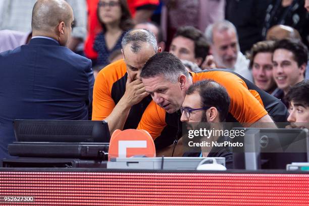 Referee Fernando Rocha talks to referee Sreten Radovic from Croatia during the Turkish Airlines Euroleague Play Offs Game 4 between Real Madrid v...