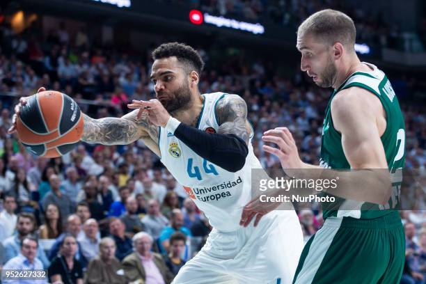 Jeffery Taylor, #44 of Real Madrid vies Matt Lojeski of Panathinaikos Superfoods Athens during the Turkish Airlines Euroleague Play Offs Game 4...