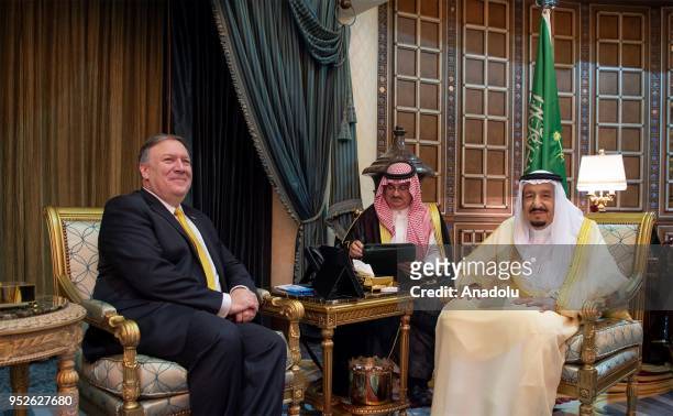 King of Saudi Arabia, Salman bin Abdulaziz Al Saud meets with US Secretary of State Mike Pompeo in Riyadh, Saudi Arabia on April 29, 2018.