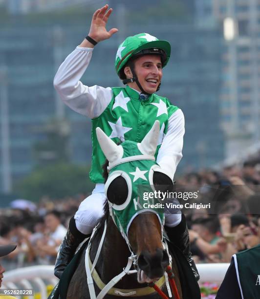 William Buick riding Pakistan Star after winning Race 8, Audemars Piguet QE11 Cup on Champions Day at Sha Tin racecourse on April 29, 2018 in Hong...