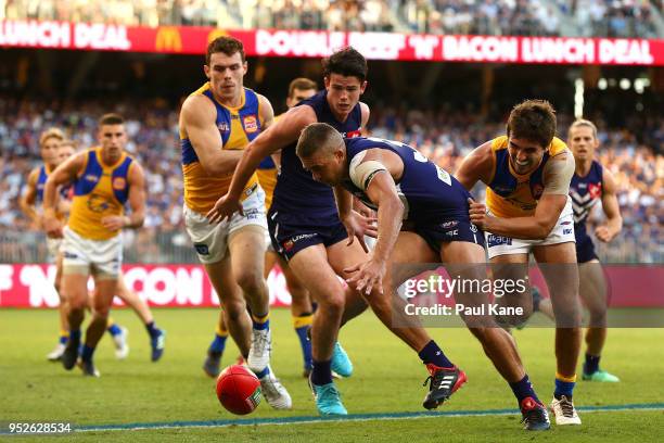 Stephen Hill of the Dockers contests for the ball during the Round 6 AFL match between the Fremantle Dockers and West Coast Eagles at Optus Stadium...