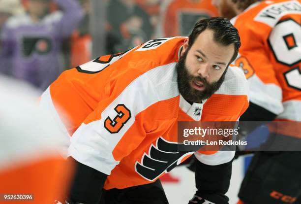 Radko Gudas of the Philadelphia Flyers looks on during warm-ups against the Pittsburgh Penguins in Game Six of the Eastern Conference First Round...