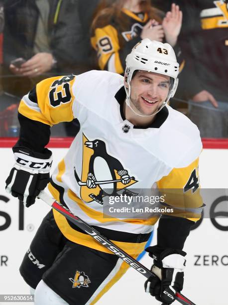 Conor Sheary of the Pittsburgh Penguins skates during warm-ups against the Philadelphia Flyers in Game Six of the Eastern Conference First Round...