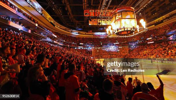 An overall view of a light show prior to Game Six of the Eastern Conference First Round during the 2018 NHL Stanley Cup Playoffs between the...