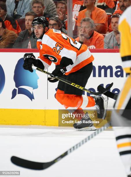 Brandon Manning of the Philadelphia Flyers skates against the Pittsburgh Penguins in Game Six of the Eastern Conference First Round during the 2018...