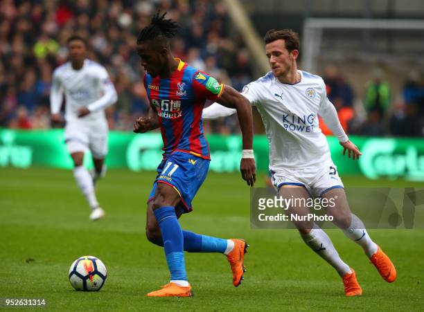Crystal Palace's Wilfried Zaha holds of Leicester City's Ben Chilwell during the Premiership League match between Crystal Palace and Leicester City...