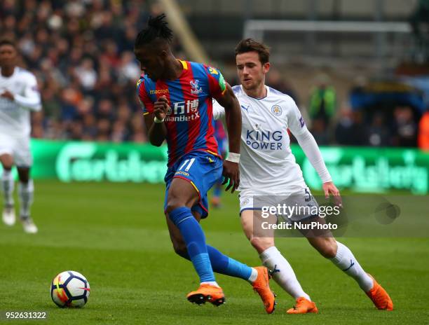 Crystal Palace's Wilfried Zaha holds of Leicester City's Ben Chilwell during the Premiership League match between Crystal Palace and Leicester City...