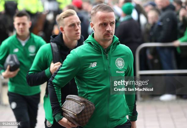 Leigh Griffiths of Celtic arrives at the stadium prior to the Scottish Premier League match between Celtic and Rangers at Celtic Park on April 29,...