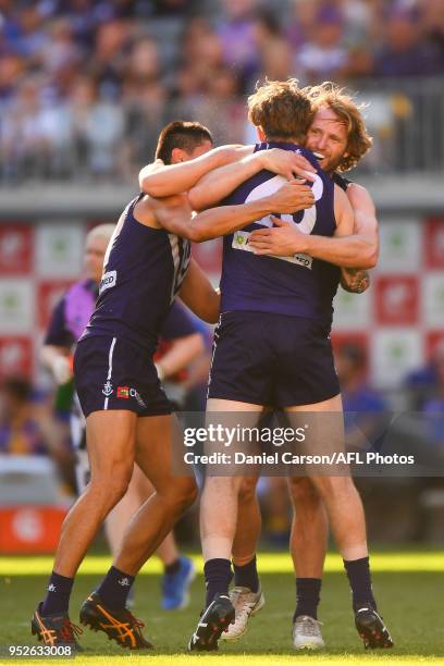 Cam McCarthy of the Dockers celebrates a goal during the 2018 AFL round six match between the Fremantle Dockers and the West Coast Eagles at Optus...