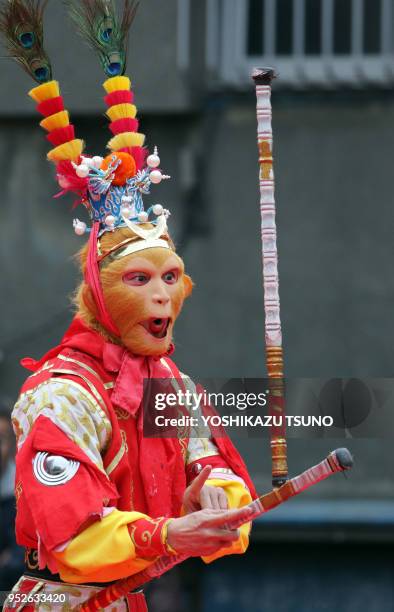 Chinese actor performs Chinese opera to celebrate Chinese Lunar New Year at Yokohama Chinatown in Yokohama, suburban Tokyo on January 29, 2017....