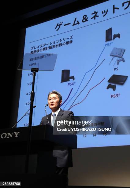 Conférence de presse de Kazuo Hirai président du géant japonais Sony annonçant la stratégie commerciale de l'entreprise au siège de Sony à Tokyo le...