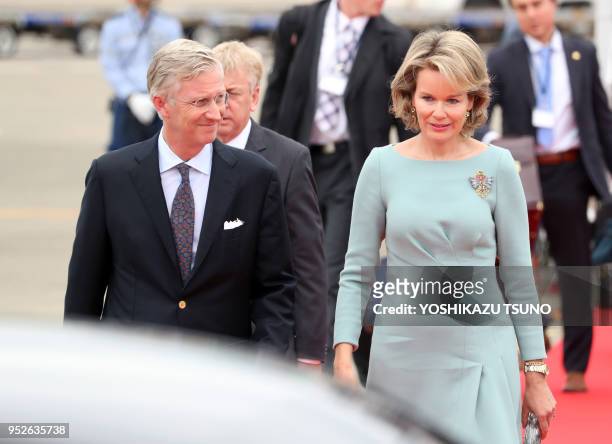Belgian King Philippe and Queen Mathilde arrive at the Tokyo International Airport on October 10, 2016. Belgian royal couple are now in Japan on a...