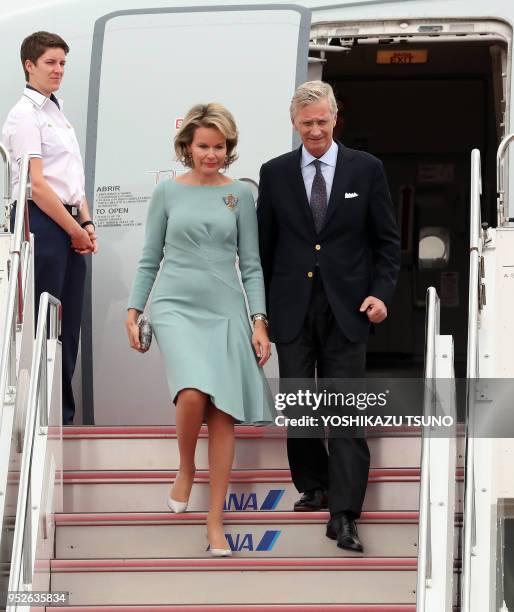 Belgian King Philippe and Queen Mathilde arrive at the Tokyo International Airport on October 10, 2016. Belgian royal couple are now in Japan on a...