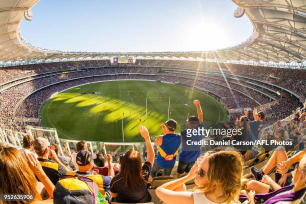 General view from the stands during the 2018 AFL round six match between the Fremantle Dockers and the West Coast Eagles at Optus Stadium on April...