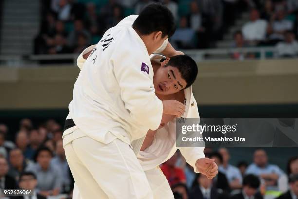 Takeshi Ojitani competes against Yusei Ogawa in the semi final during the All Japan Judo Championship at the Nippon Budokan on April 29, 2018 in...