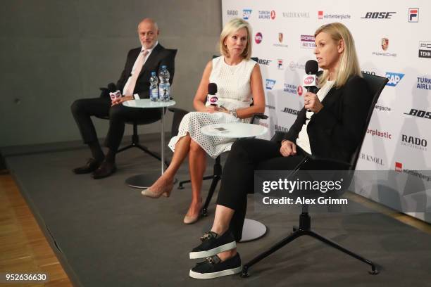 Tournament director Markus Guenthardt, WTA President Micky Lawler and operating tournament director Anke Huber talk to the media during the closing...