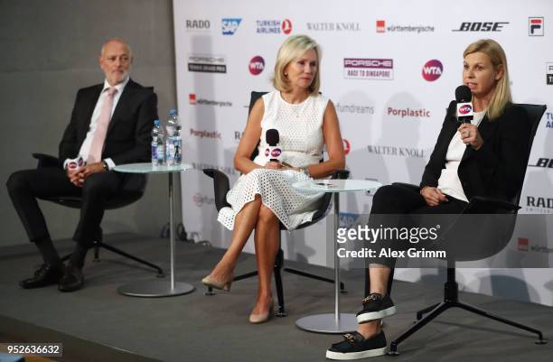 Tournament director Markus Guenthardt, WTA President Micky Lawler and operating tournament director Anke Huber talk to the media during the closing...