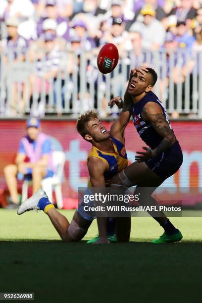 Brad Sheppard of the Eagles and Michael Walters of the Dockers vie for the ball during the Round 6 AFL match between the Fremantle Dockers and West...