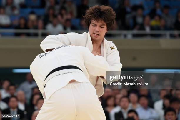 Ryu Shichinohe competes against Hisayoshi Harasawa in the Fourth round during the All Japan Judo Championship at the Nippon Budokan on April 29, 2018...