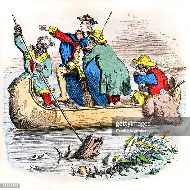 ilustrações, clipart, desenhos animados e ícones de george washington desce o rio ohio - barco a remo