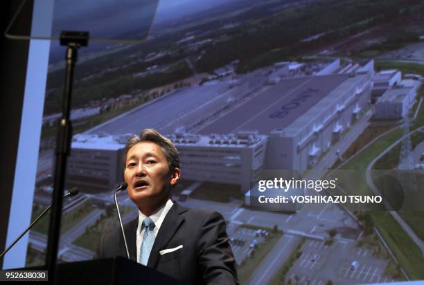 Conférence de presse de Kazuo Hirai président du géant japonais Sony annonçant la stratégie commerciale de l'entreprise au siège de Sony à Tokyo le...