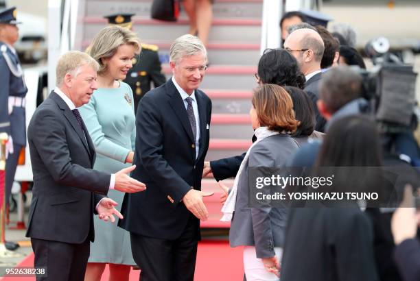 Belgian King Philippe and Queen Mathilde arrive at the Tokyo International Airport on October 10, 2016. Belgian royal couple are now in Japan on a...