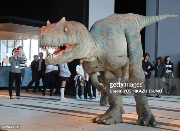 Pour la promotion du spectacle 'Dino Safari' un dinosaure de la famille des Allosaurus a été installé dans un hall d'entrée d'immeuble de bureaux le...