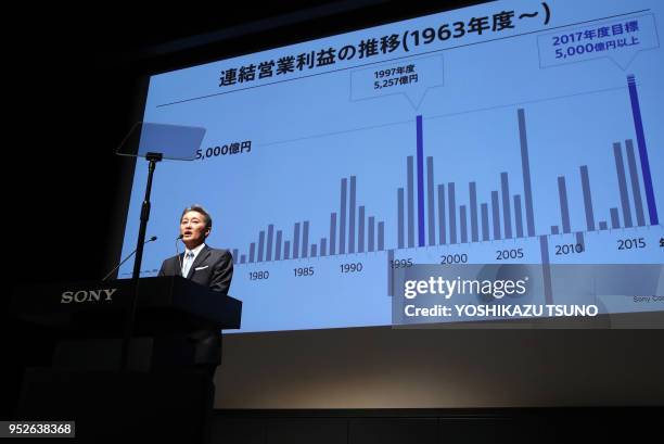 Conférence de presse de Kazuo Hirai président du géant japonais Sony annonçant la stratégie commerciale de l'entreprise au siège de Sony à Tokyo le...