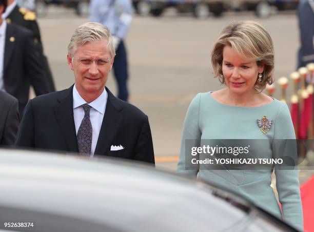 Belgian King Philippe and Queen Mathilde arrive at the Tokyo International Airport on October 10, 2016. Belgian royal couple are now in Japan on a...