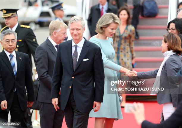 Belgian King Philippe and Queen Mathilde arrive at the Tokyo International Airport on October 10, 2016. Belgian royal couple are now in Japan on a...