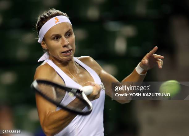 Magda Linette during the quarter finals of the Toray Pan Pacific Open tennis championships in Tokyo on September 23, 2016. Wozniacki defeated Linette...