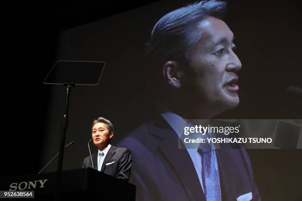 Conférence de presse de Kazuo Hirai président du géant japonais Sony annonçant la stratégie commerciale de l'entreprise au siège de Sony à Tokyo le...