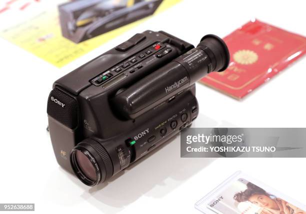 Japan's electronics giant Sony displays the first 8mm video camcorder "CCD-TR55" at the company's retrospective exhibition "It's a Sony exhibition"...